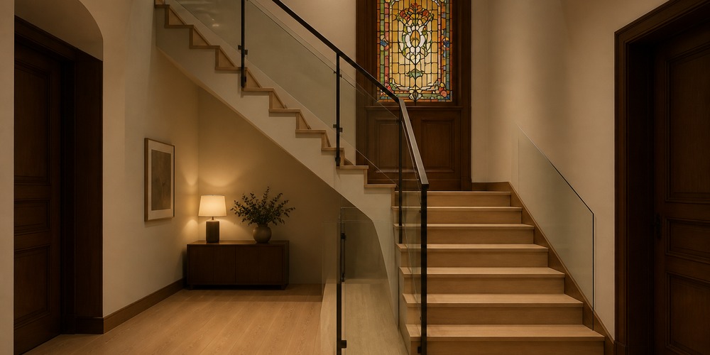 U-shaped wood staircase with glass railing, turning 180 degrees at a landing.